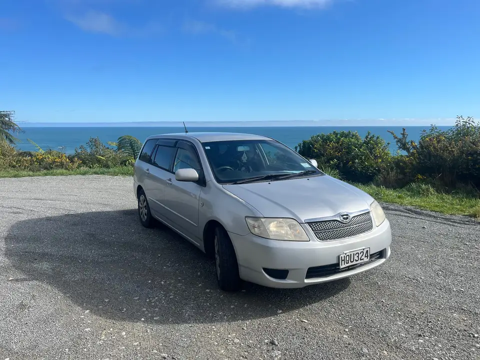 Parked on gravel with the sea beyond
